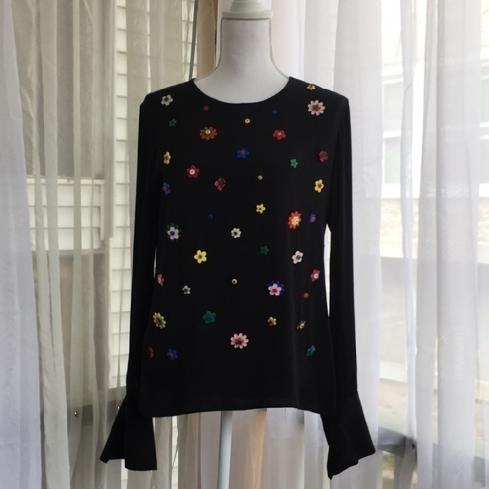 Milly Black Floral Beaded Silk‎ Bell Sleeve